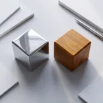 Twee geometrische kubussen op modern wit bureau, één van glanzend chroom en één van warm hout, bovenaanzicht met zachte belichting