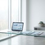Moderne werkruimte met glazen bureau, laptop met financiële dashboards en geometrische documenten in minimalistisch ontwerp