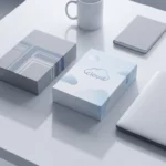 Twee softwareboxen op wit bureau naast laptop, traditionele en moderne cloudgeïnspireerde ontwerpen met zachte schaduwen