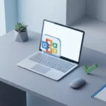Microsoft Office 365 logo zweeft boven open witte laptop op bureau met groen vinkje, minimalistisch kantoor met natuurlijk licht