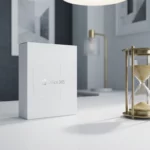 Office 365 softwarebox op wit bureau naast elegante gouden zandloper in moderne kantooromgeving