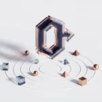 Kristallijne Oracle-structuur zweeft boven geometrische vormen in orbitale patronen op witte ondergrond met koperen accenten