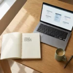 Houten bureau met open Oracle database handboek naast laptop met schema diagrammen, koffiekop en pen in natuurlijk licht