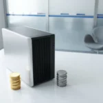 Oracle database server toren op wit bureau naast gouden en zilveren muntenstapels in minimaal kantoor