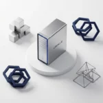 Oracle database servertoren op witte ondergrond omringd door geometrische vormen die cloudservices en enterprise software symboliseren