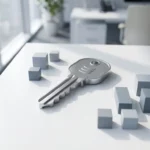 Metallic Oracle database sleutel op wit bureau met geometrische datablokken in grijstinten, kantooromgeving met natuurlijk licht