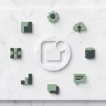 Oracle-logo op witte marmeren oppervlak omringd door symmetrisch gerangschikte app-pictogrammen in saliegroen en antracietgrijs