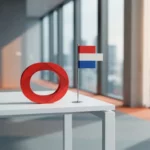 Oracle logo in rode cirkel naast Nederlandse vlag op wit oppervlak in modern kantoor met grote ramen