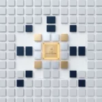 Bovenaanzicht van een minimalistisch bedrijfsorganigram met geometrische blokken in marineblauw en goudgeel, met één verlicht centraal blok voor kostenoptimalisatie.