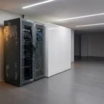 Verouderd serverrek naast modern wit datacabinet in een strak datacenterpad, contrast tussen oude industriële hardware en minimalistisch design.
