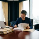 Overheidsfunctionaris bestudeert aanbestedingsdocument aan mahonie bureau met laptop en ordner in modern ministerieel kantoor.