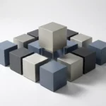 Geometrische kubussen in staalblauwe en platina tinten op wit oppervlak, met één centrale kubus verhoogd als strategische platformlaag.