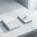 Witte rekenmachine met grote toetsen naast georganiseerde facturen op marmeren bureau met natuurlijk licht