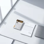 Calculator met gloeiend amber display toont valutasymbolen naast laptop en gestapelde facturen op wit bureau