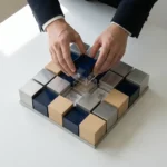 Handen van een CIO boven een architectuurmodel van gekoppelde SAP-systeemblokken, met zichtbare kostenlagen, op een minimalistisch wit bureau.