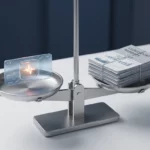 Roestvrijstalen weegschaal met een gloeiende SAP-module tegenover een stapel cloudkostenrapporten op een wit bureau.