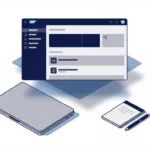 SAP interface venster op wit bureau met laptop en notitieblok in minimalistische vectorstijl