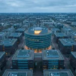 Glazen kantoorgebouw met oranje SAP-logo omringd door moderne Nederlandse bedrijfspanden in geometrisch raster, luchtfoto