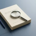Vergrootglas op stapel SAP-licentiedocumenten, minimalistische compositie in leisteenblauw en ivoor tinten.