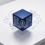 SAP logo kubus zweeft boven wit bureau met draadframe systeemcomponenten in marineblauw en wit kleurenpalet