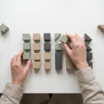 Handen plaatsen houten blokken die SAP-modules voorstellen in georganiseerde rijen op wit bureau, bovenaanzicht