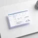 SAP software interface zwevend boven wit bureau met kleine vetplant in hoek, minimalistisch ontwerp met zachte schaduwen