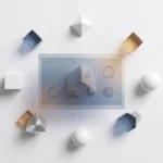 SAP software interface venster omringd door geometrische vormen die bedrijfsmodules vertegenwoordigen op witte werkruimte