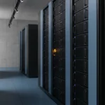 Rij serverracks in een datacentergang met één rack dat opvalt door een gloeiend amber signaallampje.