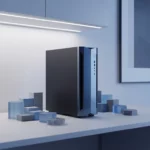 Moderne servertoren op witte bureau met geometrische vormen die datastromen voorstellen, minimalistisch design in staalblauwe en antracietgrijze tinten