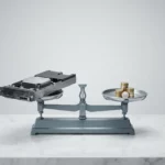 Precisieweegschaal met enterprise server component tegenover euromuntjes op wit marmeren oppervlak, symboliseert IT-kostenafweging.