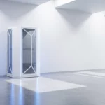 Witte serverrack met blauwe LED-verlichting in minimalistische datacenter met betonnen vloeren en geometrische schaduwen