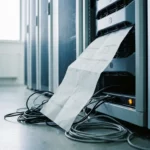 Verfrommelde factuur die uit een zilveren serverrack steekt, met losse kabels aan de voet, in een zakelijke IT-omgeving.