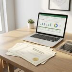 Laptop toont kostenvergelijking spreadsheet op houten bureau met software licentiecertificaten en rekenmachine