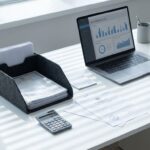 Moderne werkplek met laptop met software dashboard, georganiseerde licentiedocumenten en calculator op wit bureau