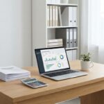 Houten bureau met software licentiedocumenten, rekenmachine met kostenbesparingen en laptop met vendor management dashboard
