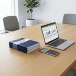 Houten vergadertafel met softwarelicentiecontracten, calculator met kostenbesparingen en laptop met leveranciersvergelijking