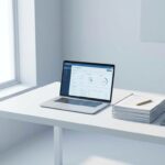 Laptop met software licentie dashboard op witte bureau naast contractdocumenten en calculator in moderne kantooromgeving