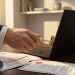 Zakenman plaatst gouden sleutel in laptop met softwarelicenties op houten bureau in kantoor