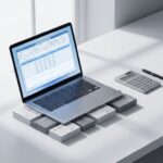 Moderne laptop met spreadsheet op wit bureau, software licentiekaarten en certificaten eronder, calculator en pen opzij