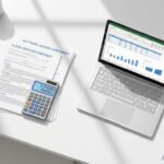 Wit bureau met softwarelicentie documenten, calculator met kostenbesparingen en laptop met spreadsheet in minimalistisch kantoor