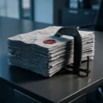 Dikke stapel softwarelicentieovereenkomsten onder metalen klem op bureau, met gebroken zegel en dramatische zijverlichting.