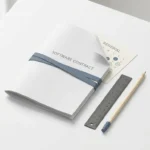 Gevouwen softwarecontract op wit bureau naast liniaal en potlood, met kalender zichtbaar voor verlengingsdeadlines.