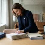 Professional die een softwarelicentiedossier bestudeert aan een zakelijk bureau met contractmappen en laptop in Nederlands kantoor.