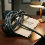 Verstrengeld stalen kabel dat een aanbestedingsmap naar de rand van een vergadertafel trekt, dramatische schaduwen in leisteen- en houtskoolkleuren.