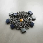 Verstrengelde stalen kettingen vergrendeld met meerdere hangsloten op gepolijst beton, bovenaanzicht in marineblauw en grijs met amberkleurig accent.