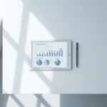 Tablet met procurement analytics grafieken op witte bureau met pen, geometrische schaduwen van natuurlijk licht