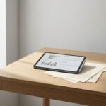 Tablet met kleurrijke datagrafieken op houten bureau met papieren contracten en stylus, zachte natuurlijke verlichting