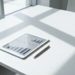 Digitale tablet met datavisualisatie grafieken op wit bureau naast pen, natuurlijk licht creëert geometrische schaduwen