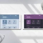 Twee moderne tablets op wit bureau tonen blauwe Office en paarse Microsoft interfaces in minimalistisch werkruimte