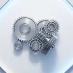 Glanzend metalen tandwielmechanisme met chromen componenten op witte ondergrond, industriële precisie met zachte blauwe verlichting
